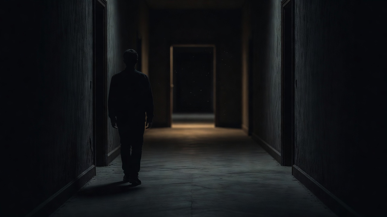 Um corredor escuro com uma porta aberta ao fundo, luz baixa no chão; uma figura genérica parada logo depois da entrada, sem avançar — a maioria que já usa a ferramenta mas não passa do primeiro passo.