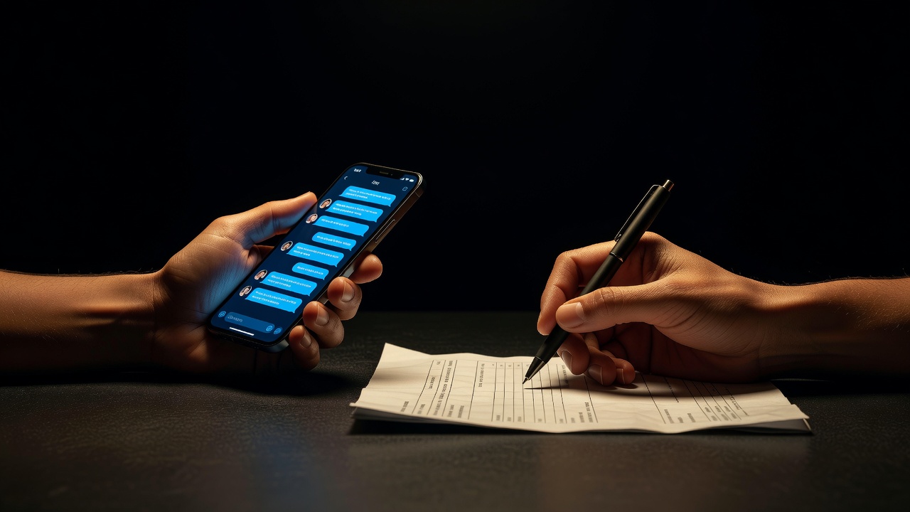 Duas mãos sobre uma mesa escura: a esquerda segura um celular com mensagens acumuladas, a direita tem uma caneta suspensa sobre um formulário de pedido — a mesma pessoa, dois trabalhos disputando atenção ao mesmo tempo.