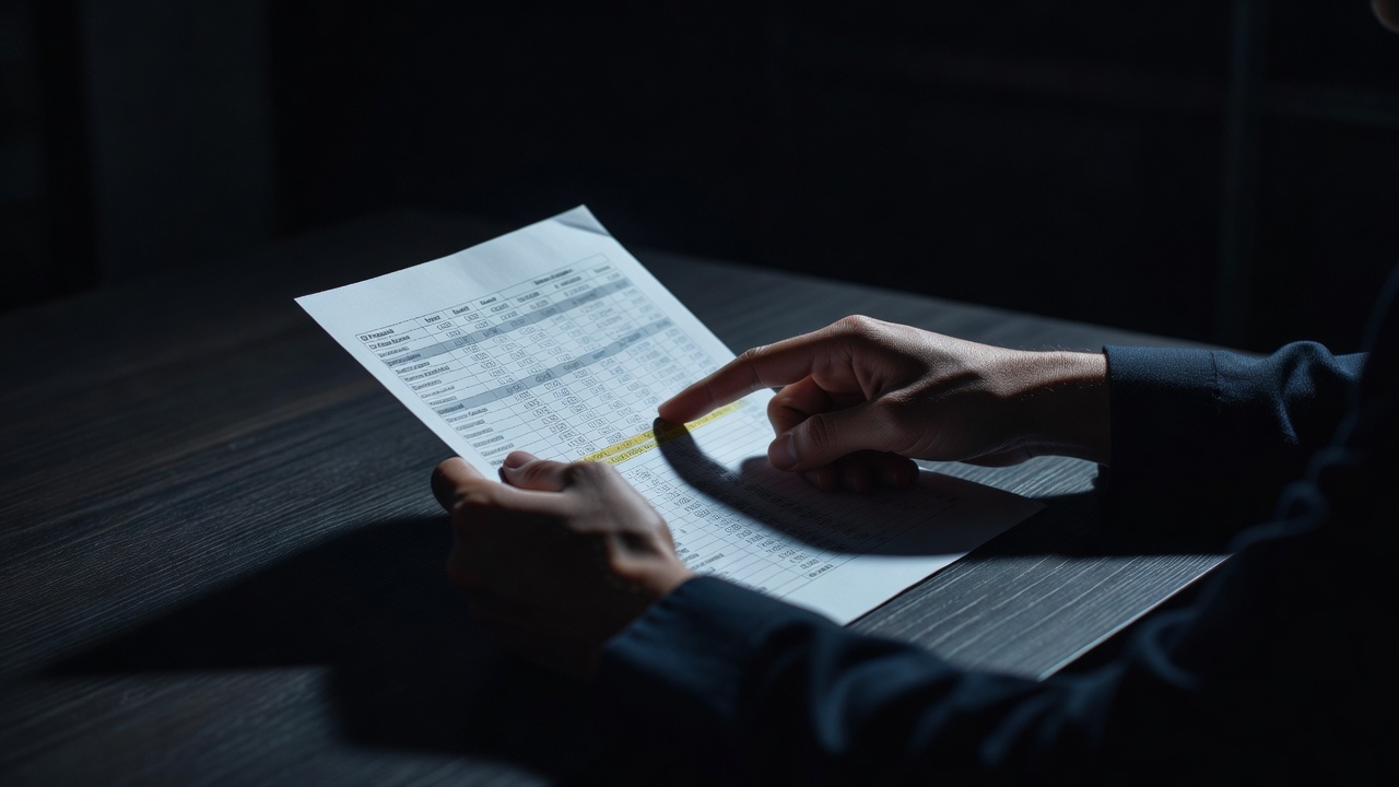 Duas mãos sobre uma mesa de trabalho, uma segurando um papel impresso com dados e a outra apontando para um trecho marcado — a cena de alguém exercendo julgamento sobre o que a máquina entregou.