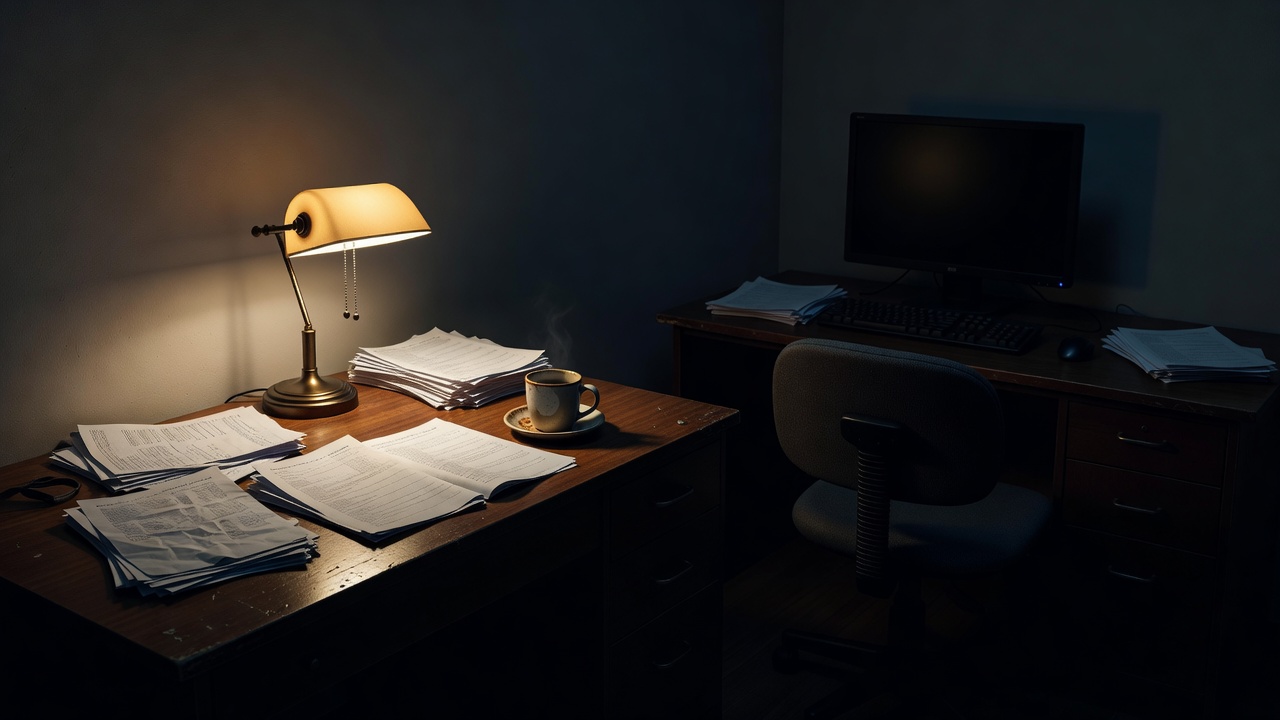Dois ambientes de trabalho no mesmo escritório noturno: mesa à esquerda iluminada por abajur, com papéis e café quente, sinais de quem ainda está pensando. Mesa à direita no escuro, tela apagada, cadeira vazia.