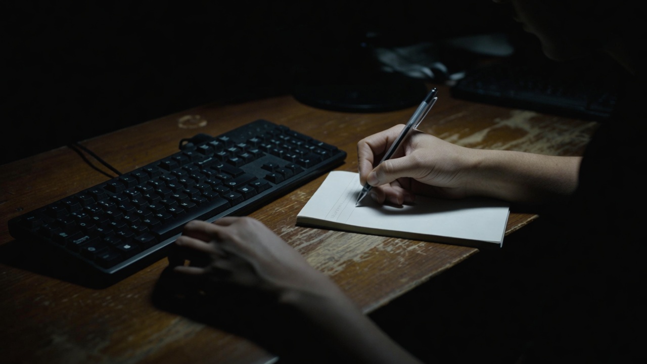 Mãos sobre mesa escura: uma escrevendo com firmeza no caderno, a outra repousando perto do teclado — a tensão entre o que a mente decide e o que a máquina executa.