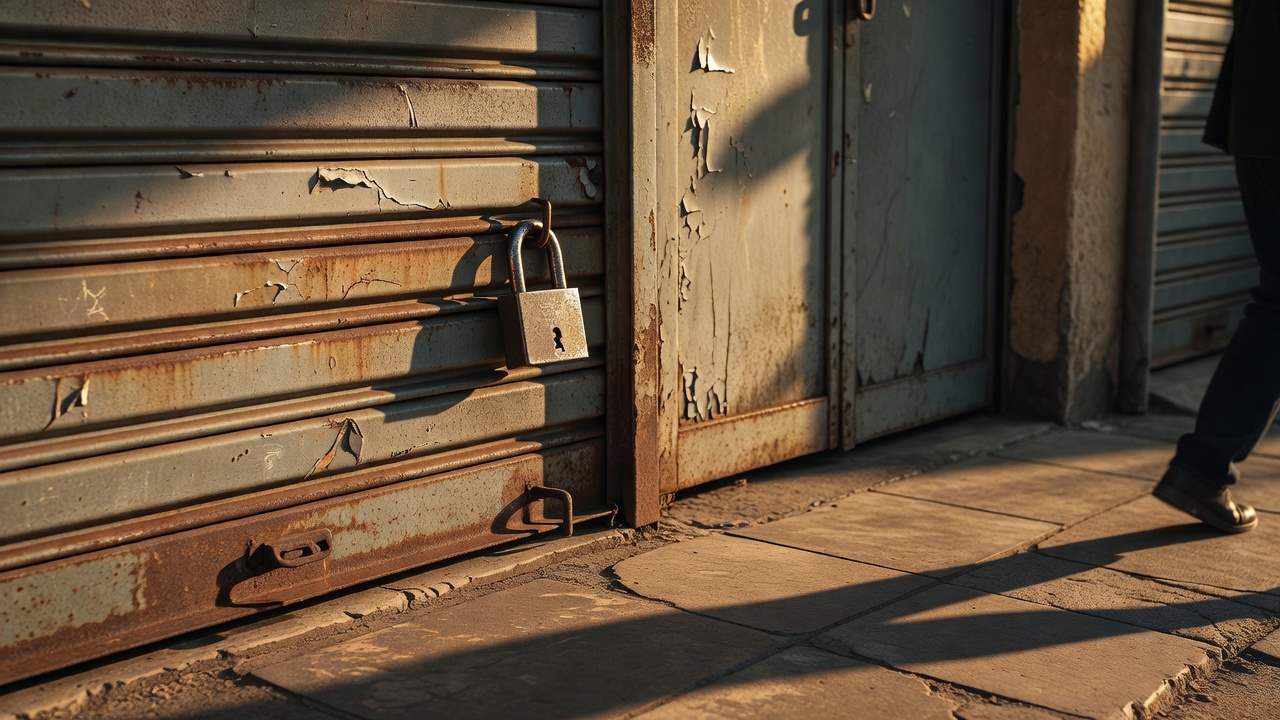 Porta de metal corrugado com cadeado, luz de final de tarde, sombra de pessoa saindo — o momento de fechar a loja no horário certo.