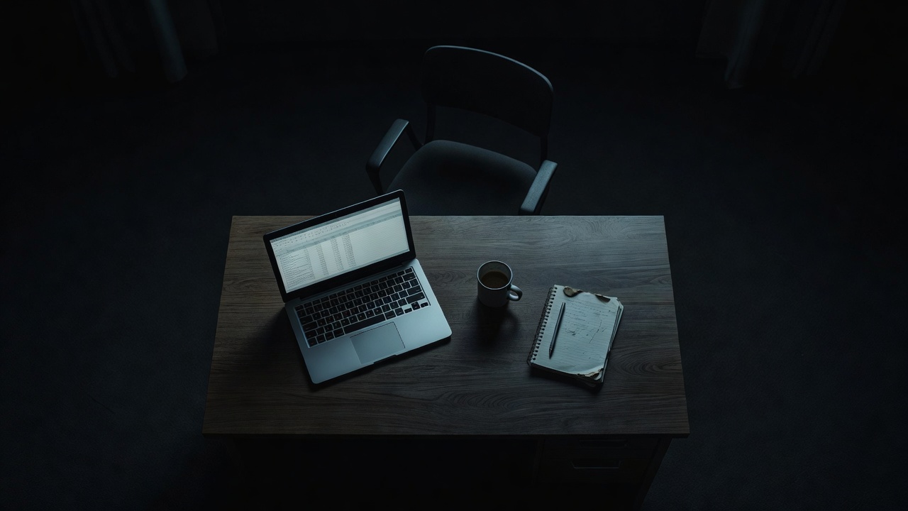 Uma mesa de escritório modesta à noite, vista de cima, com uma cadeira vazia afastada — a luz da tela ainda acesa sobre uma planilha, mas o dono não está mais ali preso à tarefa.