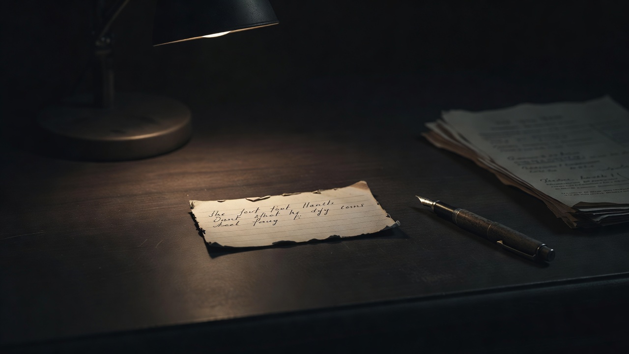 Uma única ficha de papel manuscrita sob um facho de luz baixo e quente numa mesa escura, ao lado de uma caneta-tinteiro e uma pilha de papéis na penumbra — a ficha curta e honesta de como o negócio funciona de verdade.