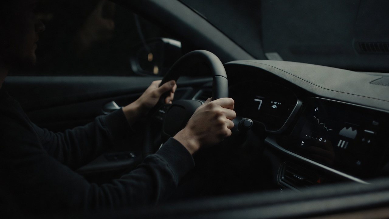 Um volante de carro no escuro, mãos firmes segurando-o, com um painel mostrando dados e sugestões iluminados ao lado — a ideia de que a ferramenta aconselha mas o dono dirige nas decisões de alto risco.